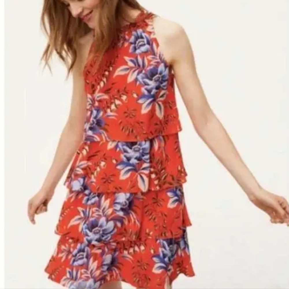 ANN TAYLOR LOFT NWT Petite Dress  Orange & Blue Floral Tiered Ruffle Key…